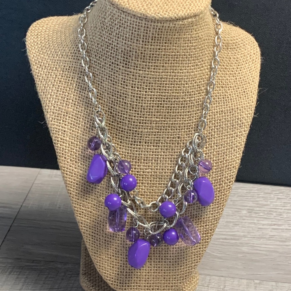 Purple Multi Strand Bead Bib Statement Necklace Silver Tone Chain 16 Inch